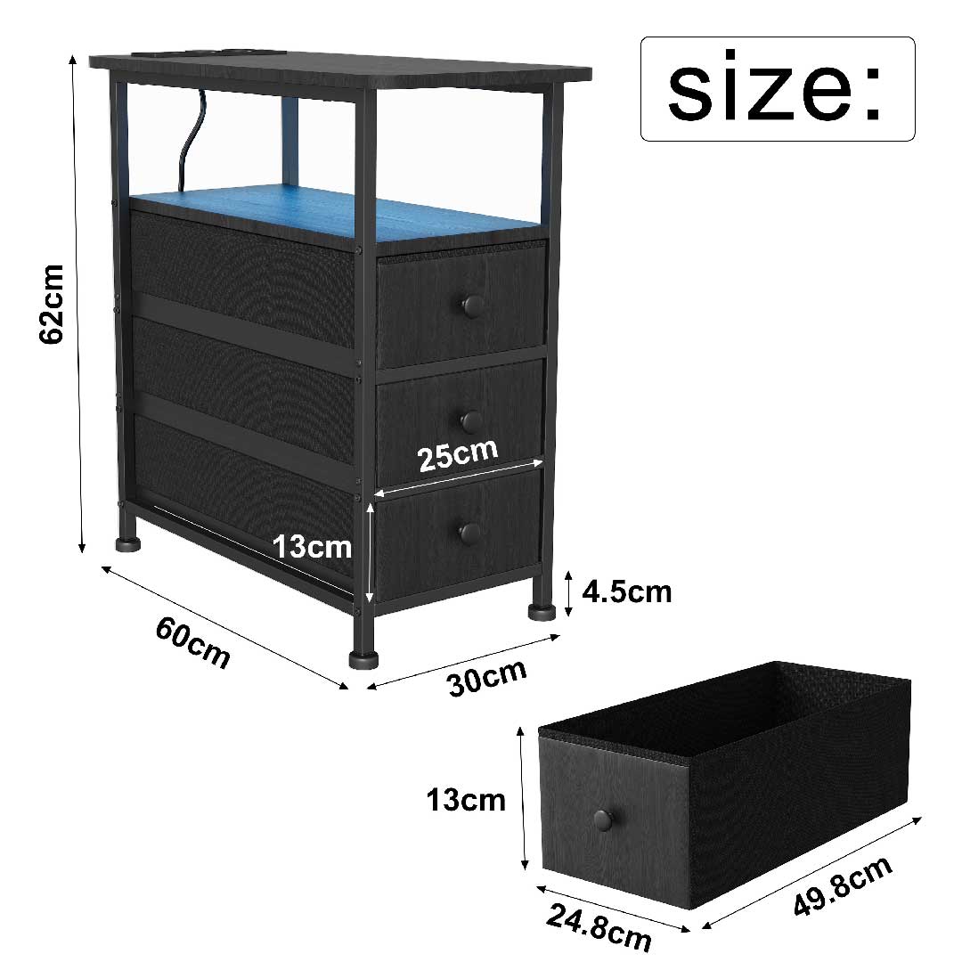 Nachttisch mit LED & Ladestation – 3 Schubladen & USB & Type-C - Beistelltisch für Schlafzimmer
