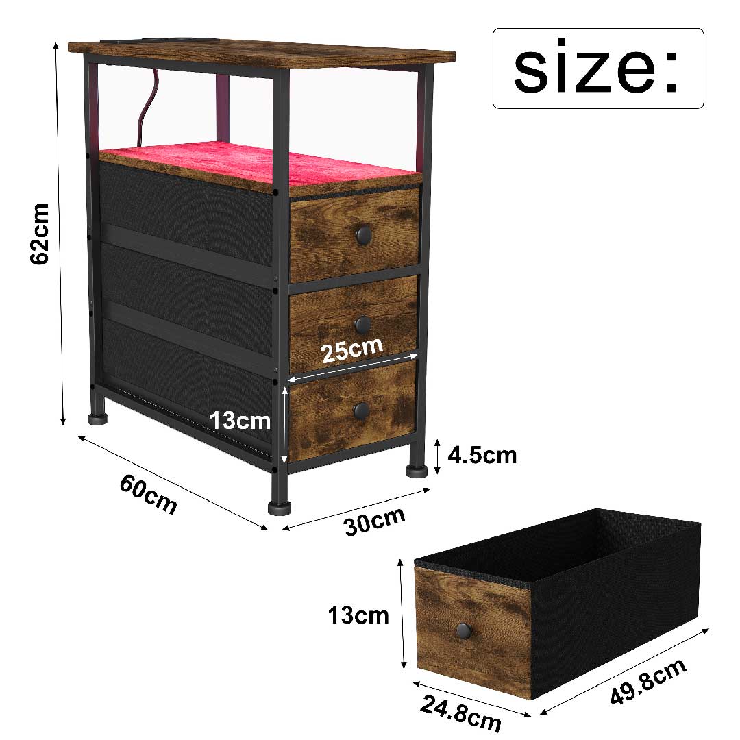 Nachttisch mit LED & Ladestation – 3 Schubladen & USB & Type-C - Beistelltisch für Schlafzimmer