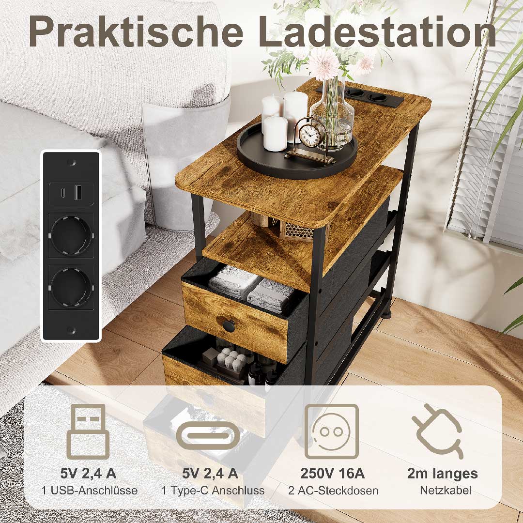Yelenaro Nachttisch mit Ladestation & 3 Schubladen – USB & Type-C Beistelltisch