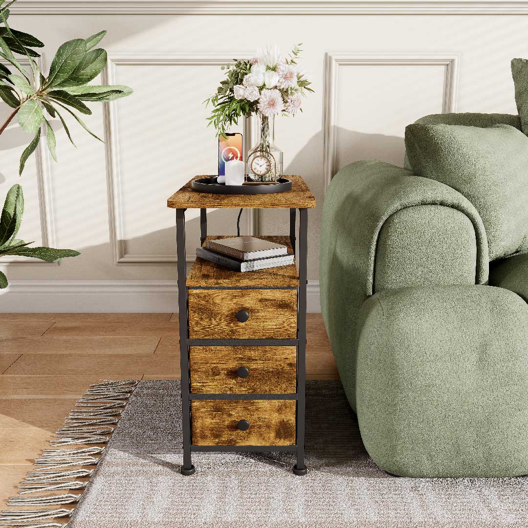 Yelenaro Nachttisch mit Ladestation & 3 Schubladen – USB & Type-C Beistelltisch