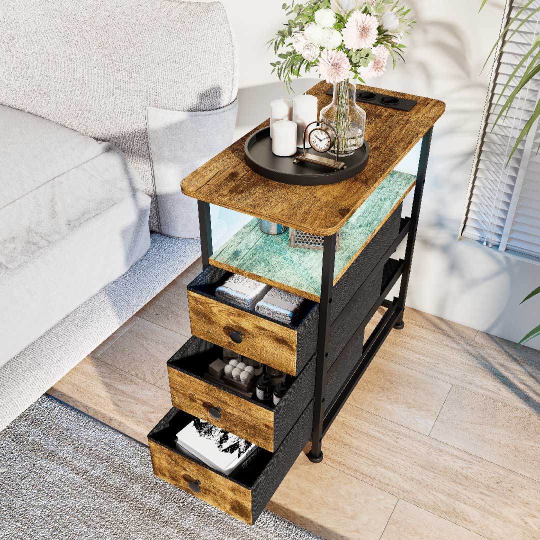 Nachttisch mit LED & Ladestation – 3 Schubladen & USB & Type-C - Beistelltisch für Schlafzimmer