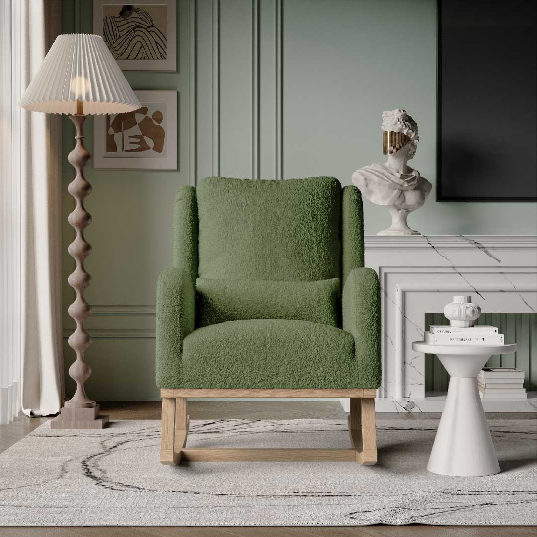 Yelenaro Schaukelstuhl mit Kissen – Teddy Relaxsessel aus Holz & Samt und ergonomisch