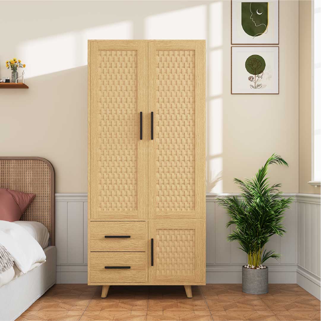Yelenaro Kleiderschrank mit 2 Schubladen und Türen – Rattan Optik Holzschrank 80 cm