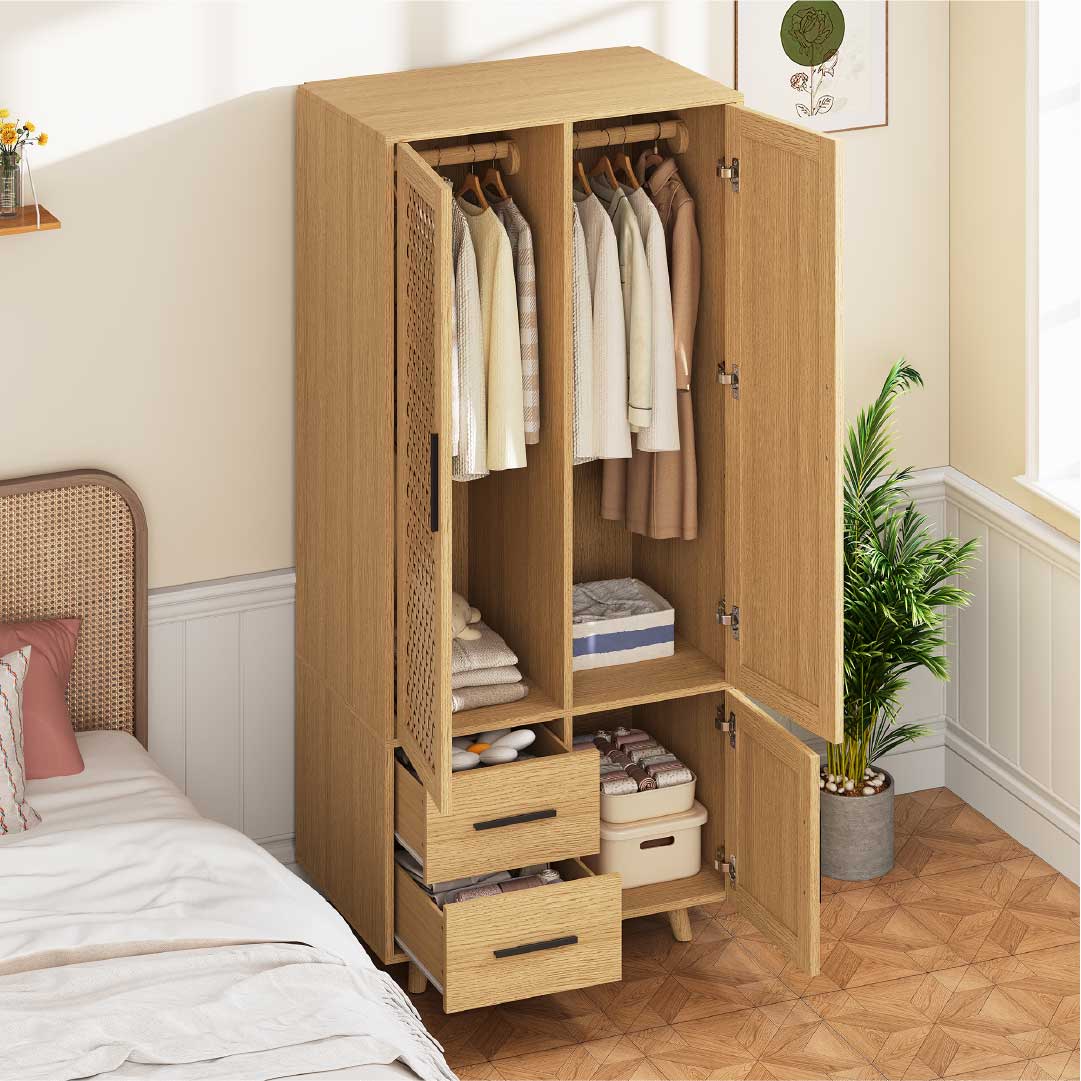 Yelenaro Kleiderschrank mit 2 Schubladen und Türen – Rattan Optik Holzschrank 80 cm