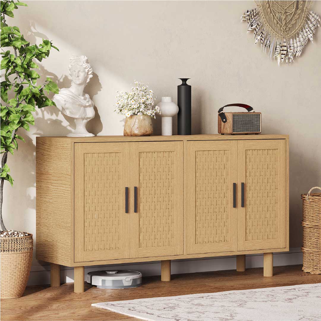 Yelenaro Sideboard 140 cm mit 4 Türen in Rattan-Optik – Eiche oder Schwarz