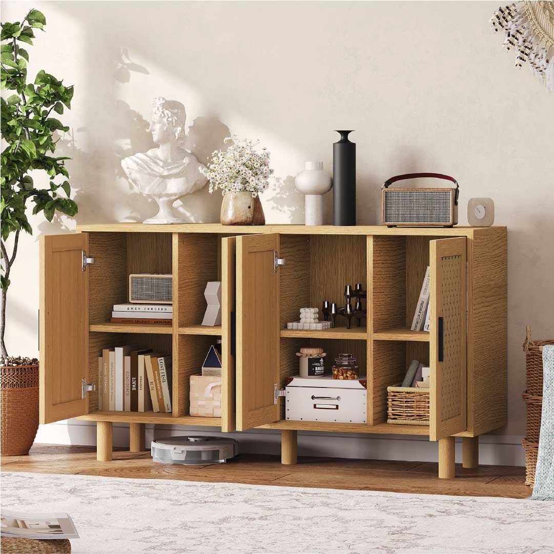 Yelenaro Sideboard 140 cm mit 4 Türen in Rattan-Optik – Eiche oder Schwarz