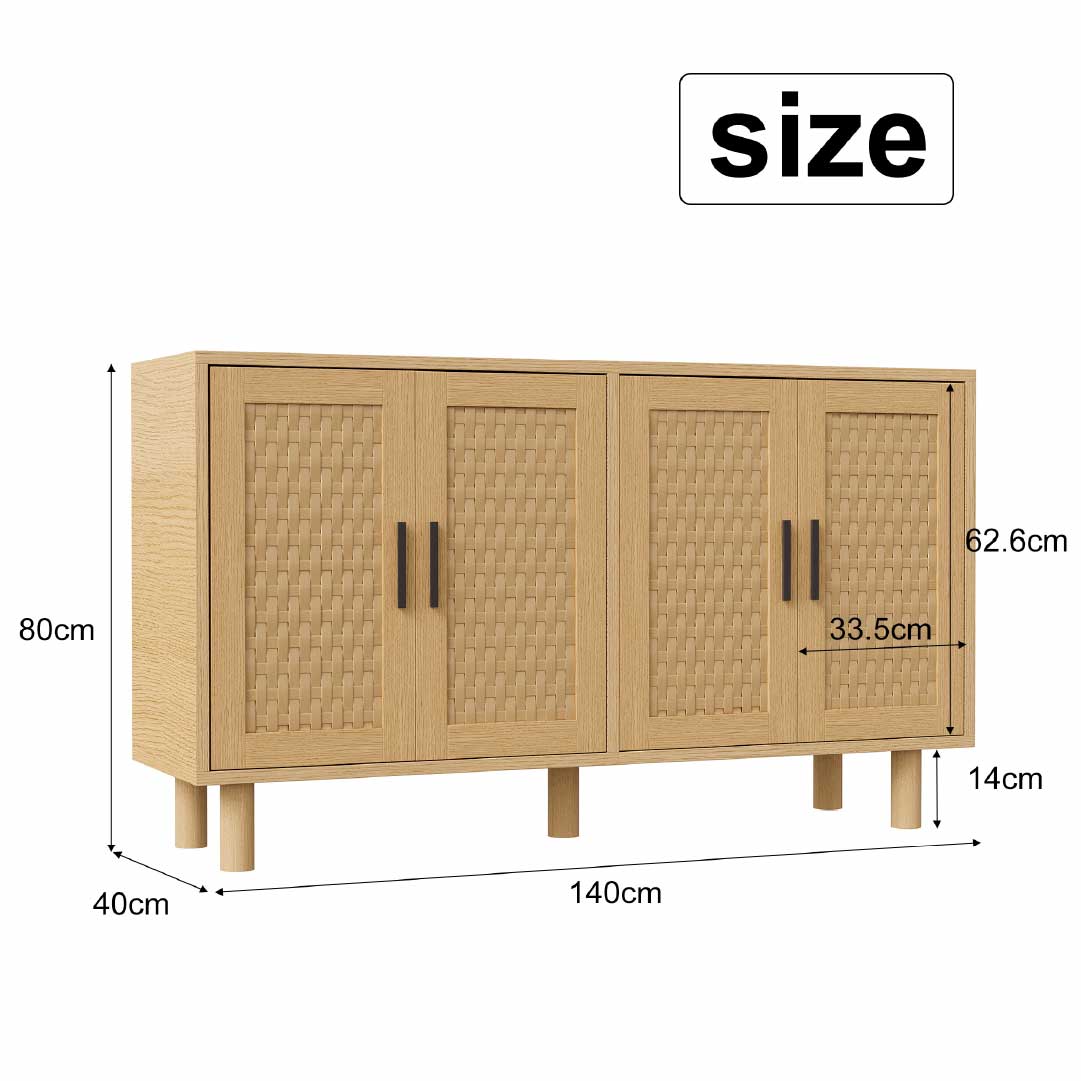 Yelenaro Sideboard 140 cm mit 4 Türen in Rattan-Optik – Eiche oder Schwarz