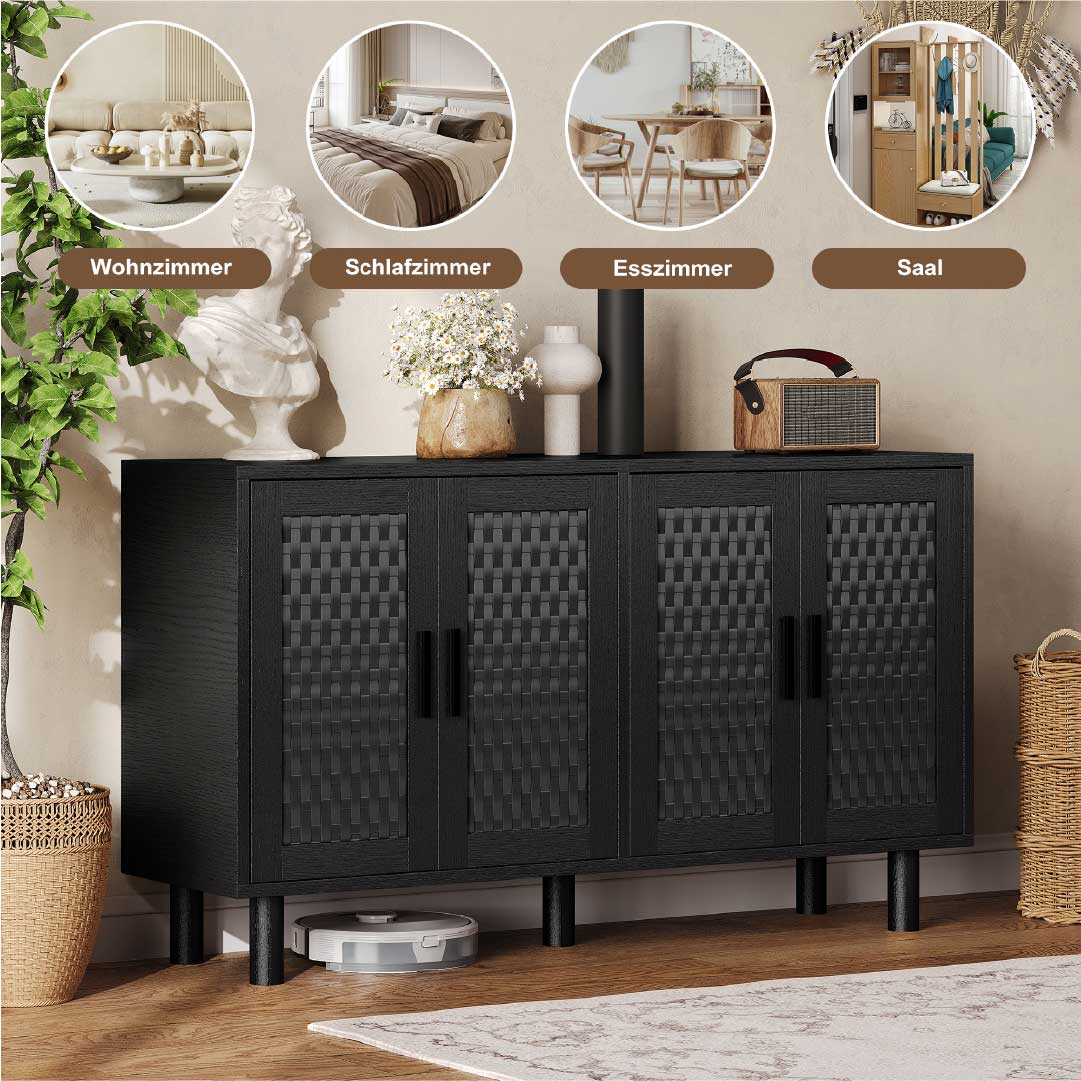 Yelenaro Sideboard 140 cm mit 4 Türen in Rattan-Optik – Eiche oder Schwarz