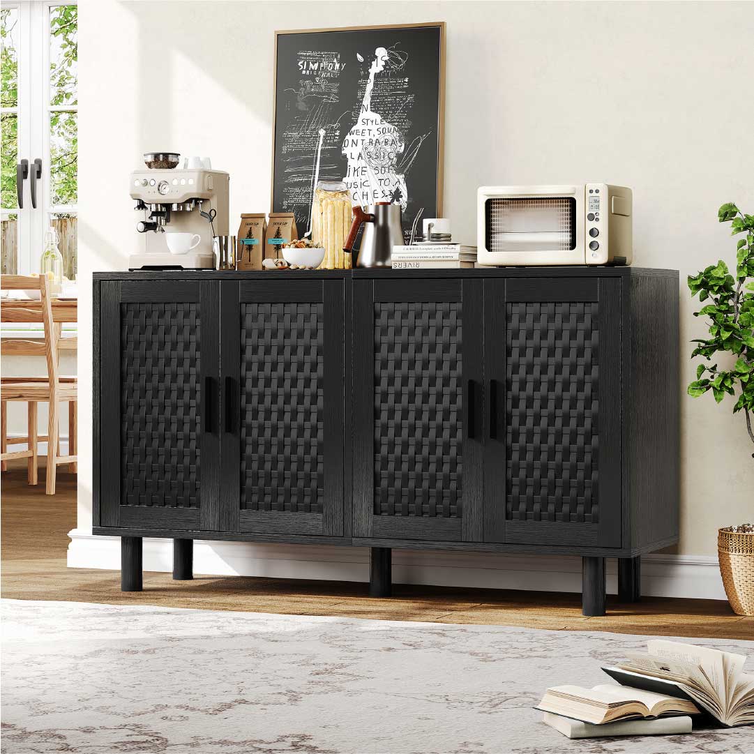 Yelenaro Sideboard 140 cm mit 4 Türen in Rattan-Optik – Eiche oder Schwarz