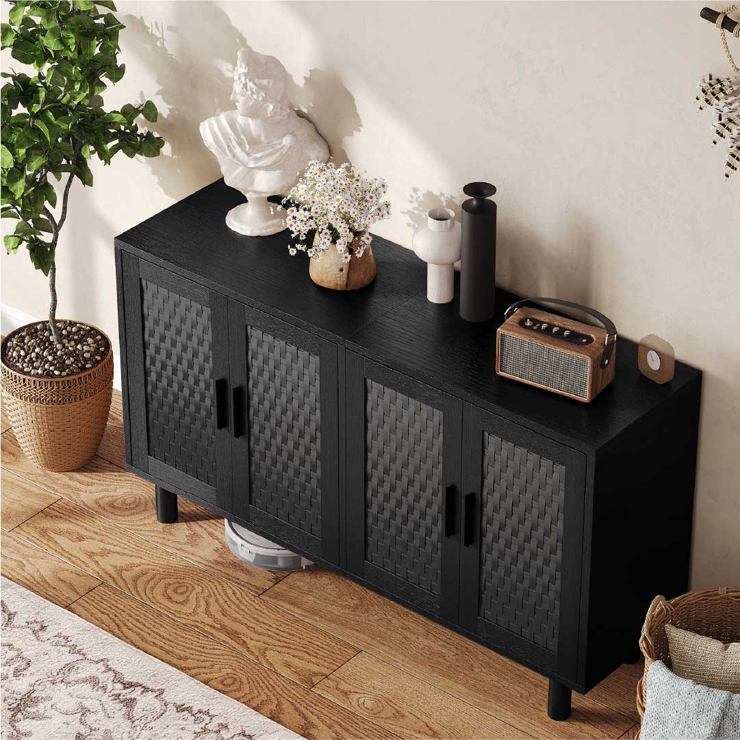 Yelenaro Sideboard 140 cm mit 4 Türen in Rattan-Optik – Eiche oder Schwarz