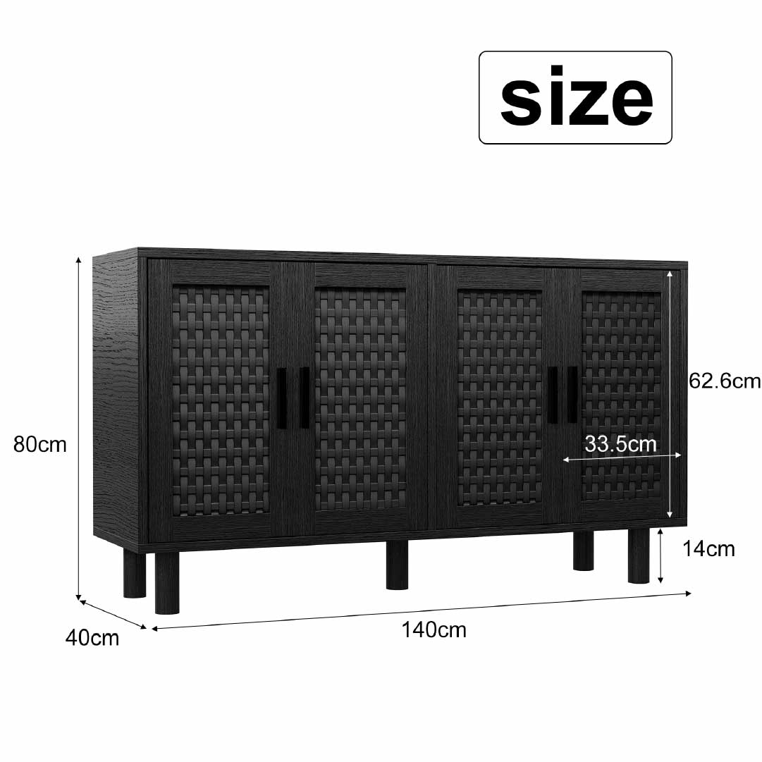 Yelenaro Sideboard 140 cm mit 4 Türen in Rattan-Optik – Eiche oder Schwarz