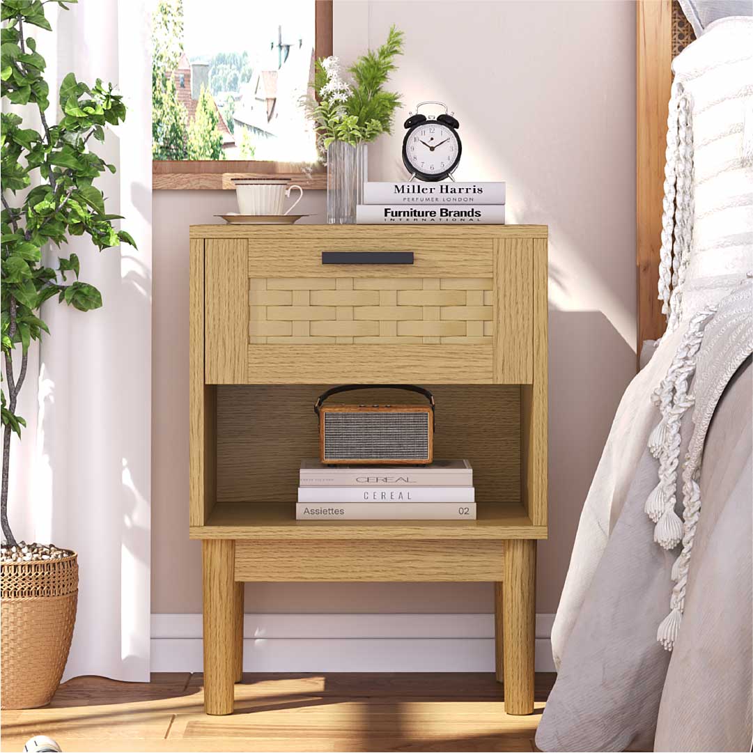 Yelenaro 2er Set Nachttische mit Schublade & offenem Fach – Rattan-Optik Nachttisch Holz oder Schwarz