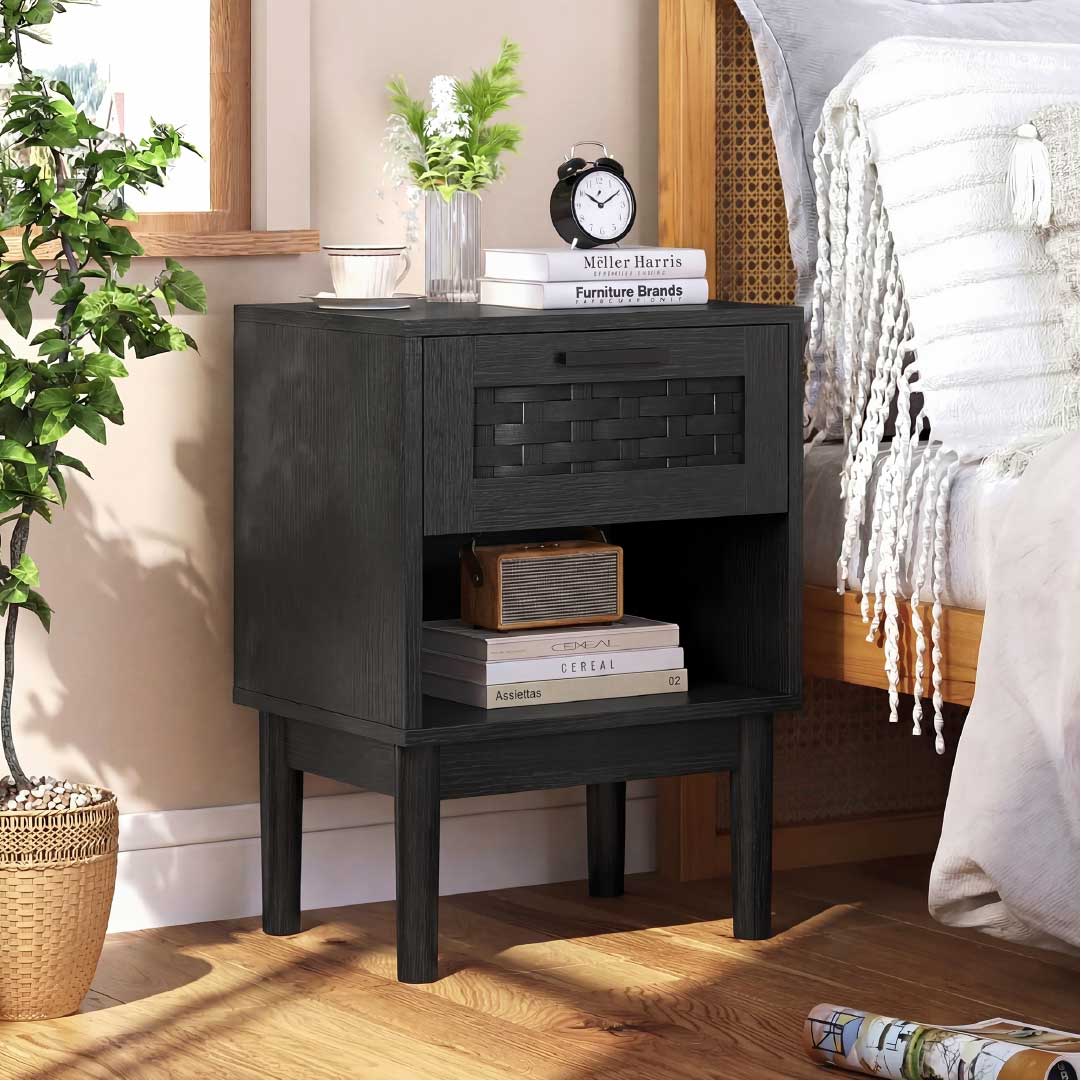 Yelenaro 2er Set Nachttische mit Schublade & offenem Fach – Rattan-Optik Nachttisch Holz oder Schwarz