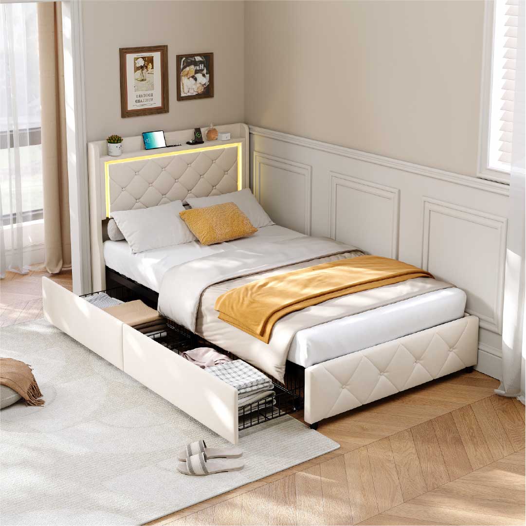 Yelenaro Polsterbett mit LED, USB & Schubladen – Samt Bett mit Stauraum 90/140/160×200 cm
