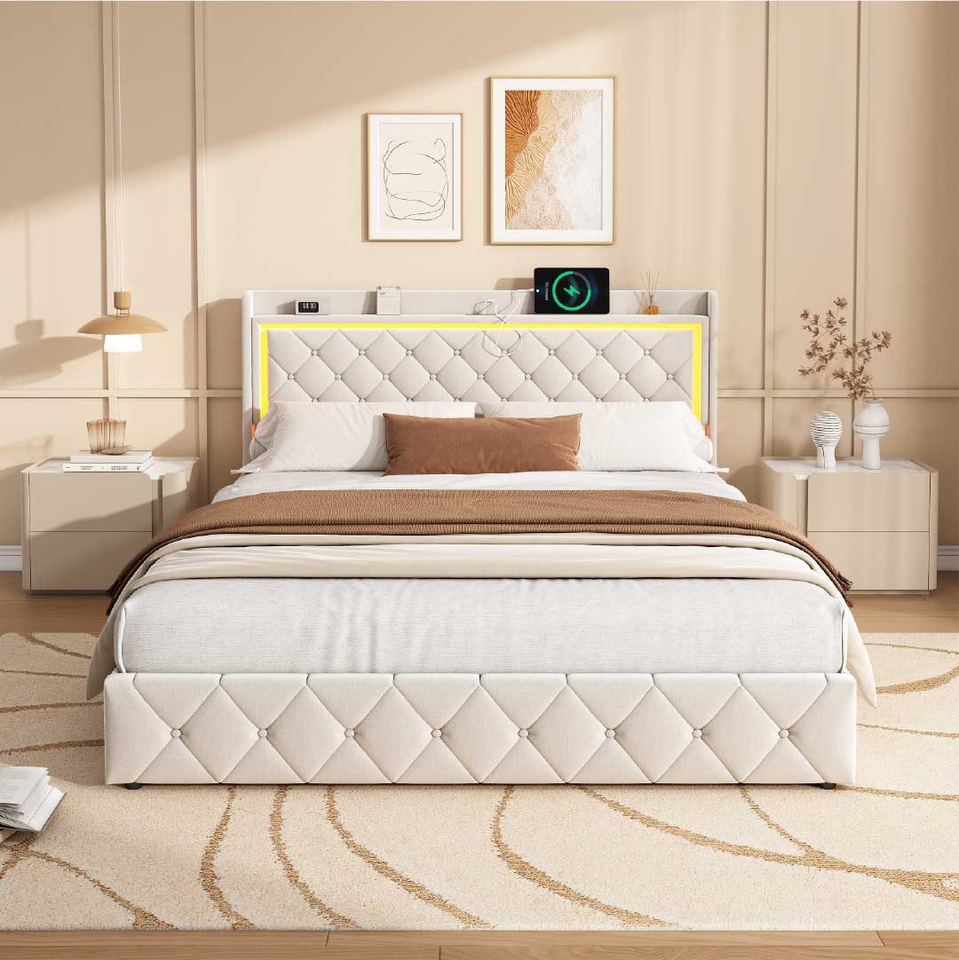 Yelenaro Polsterbett mit LED, USB & Schubladen – Samt Bett mit Stauraum 90/140/160×200 cm