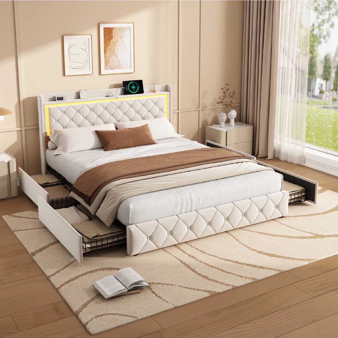 Yelenaro Polsterbett mit LED, USB & Schubladen – Samt Bett mit Stauraum 90/140/160×200 cm