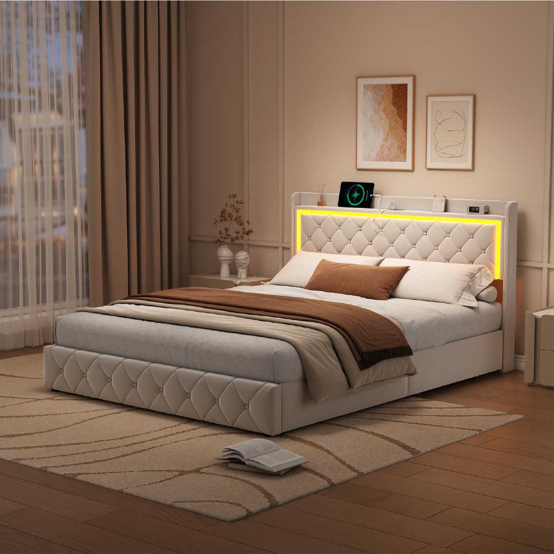 Yelenaro Polsterbett mit LED, USB & Schubladen – Samt Bett mit Stauraum 90/140/160×200 cm