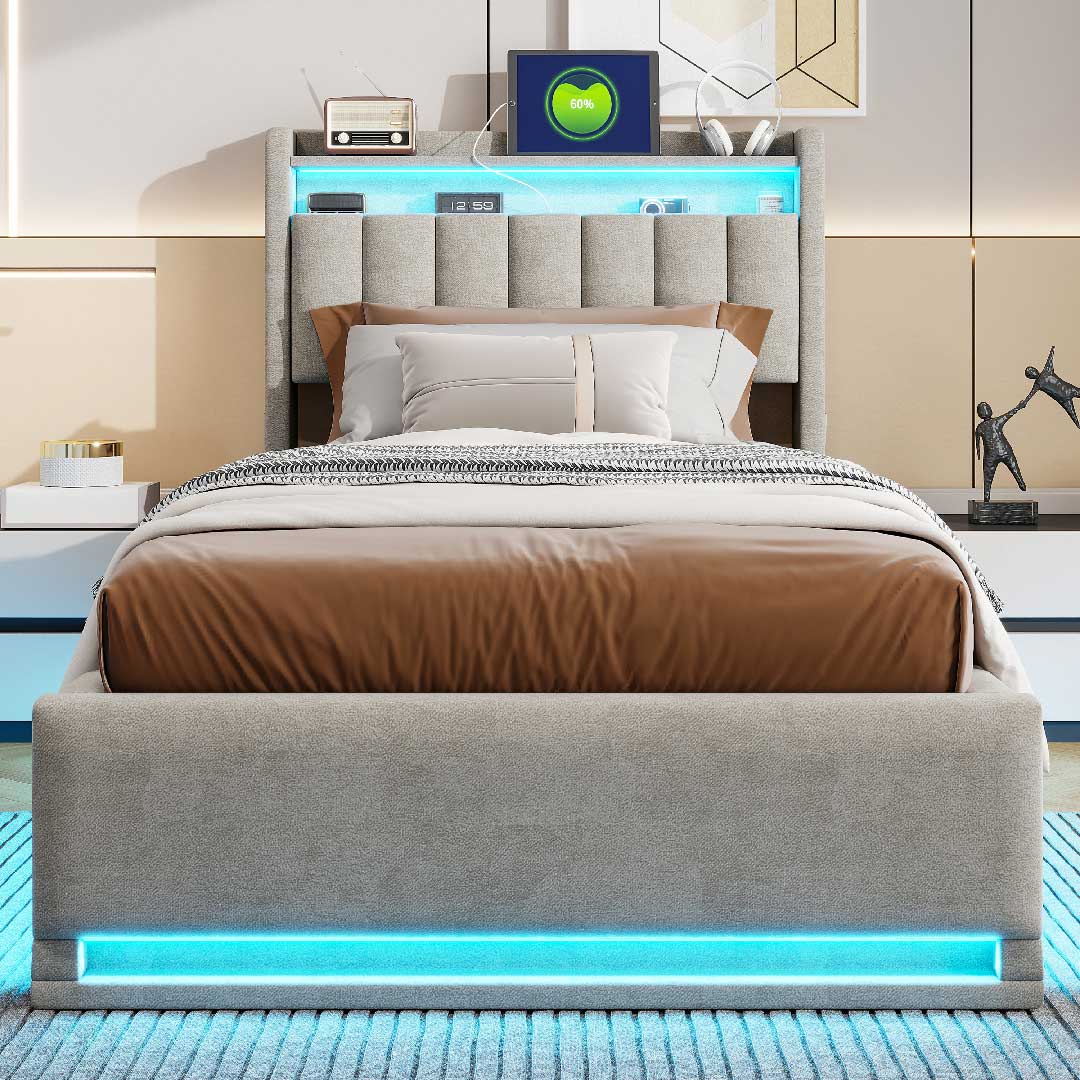 Yelenaro Polsterbett mit LED, Stauraum & USB-Ladestation – Samtbett mit Gaslift & Storage-Kopfteil (Mehrere Größen & Farben)