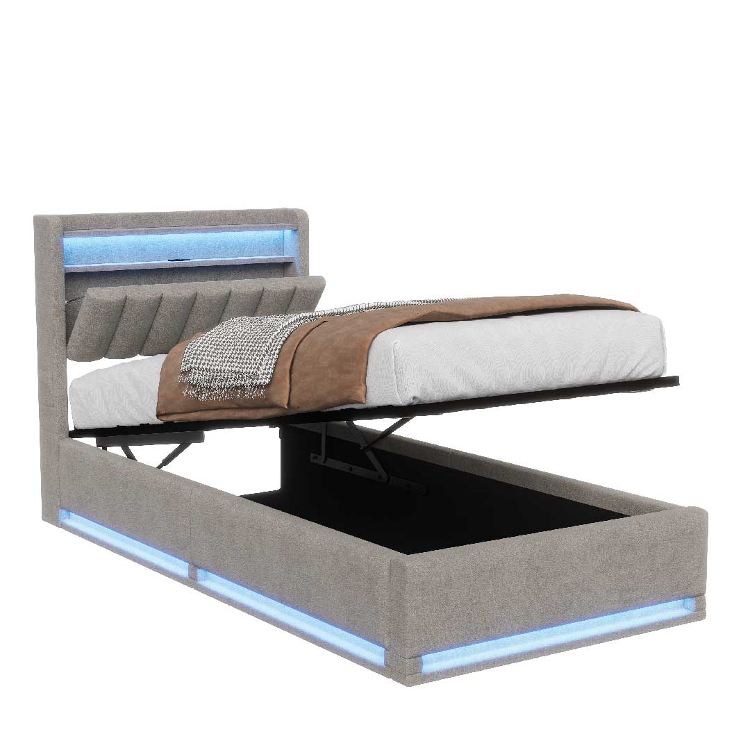 Yelenaro Polsterbett mit LED, Stauraum & USB-Ladestation – Samtbett mit Gaslift & Storage-Kopfteil (Mehrere Größen & Farben)