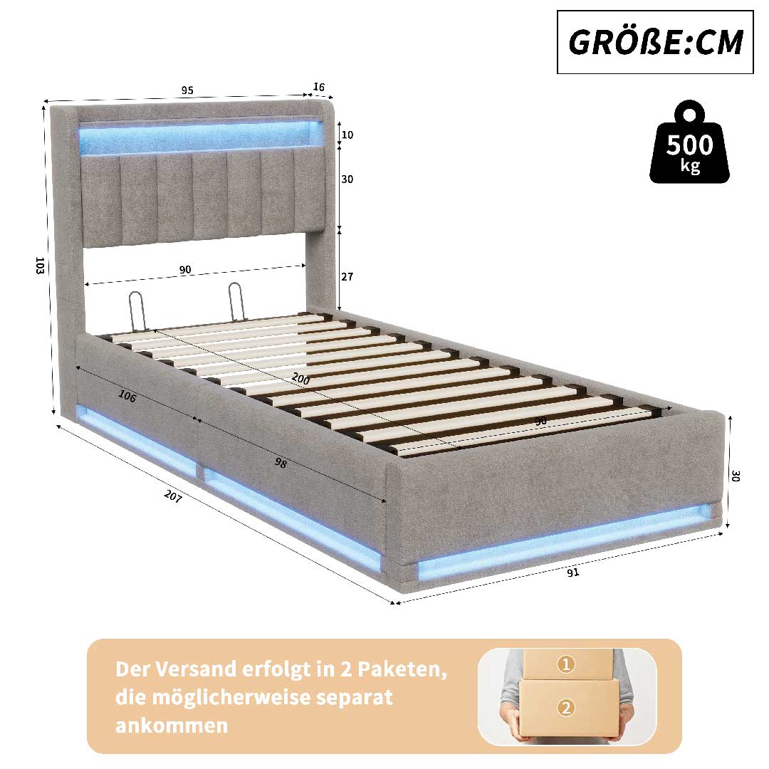 Yelenaro Polsterbett mit LED, Stauraum & USB-Ladestation – Samtbett mit Gaslift & Storage-Kopfteil (Mehrere Größen & Farben)