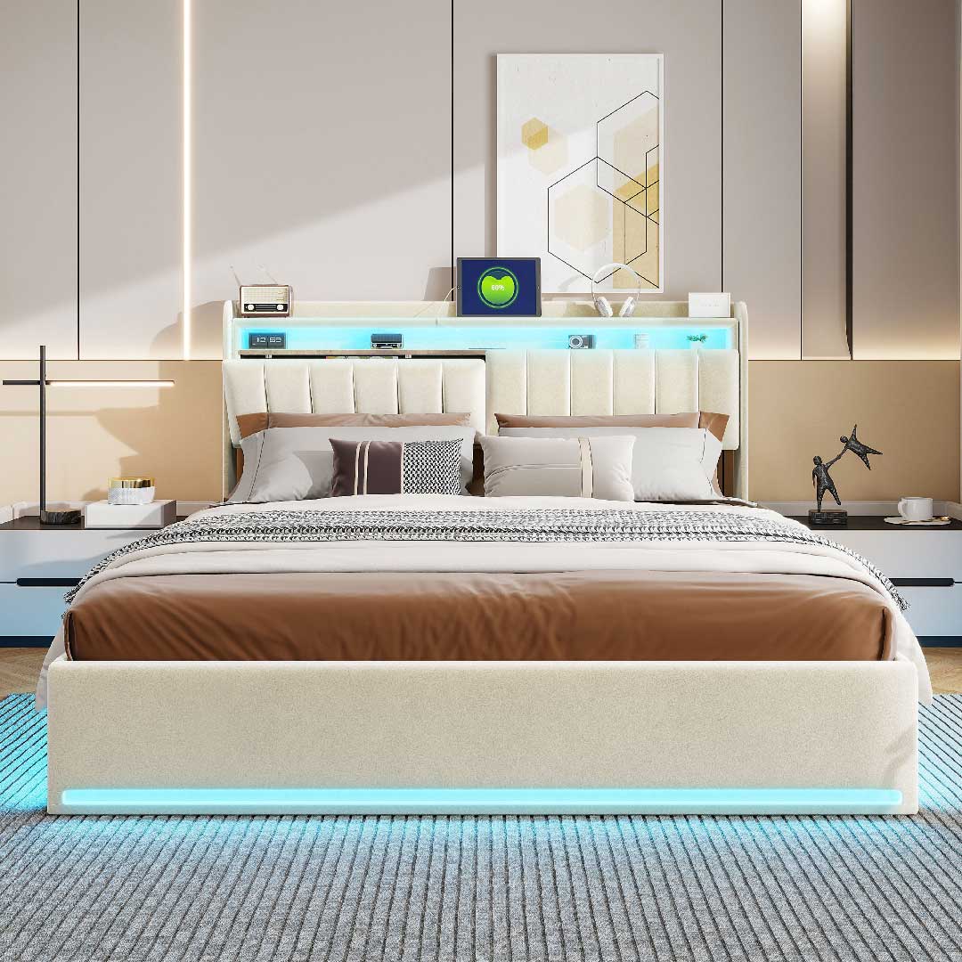 Yelenaro Polsterbett mit LED, Stauraum & USB-Ladestation – Samtbett mit Gaslift & Storage-Kopfteil (Mehrere Größen & Farben)