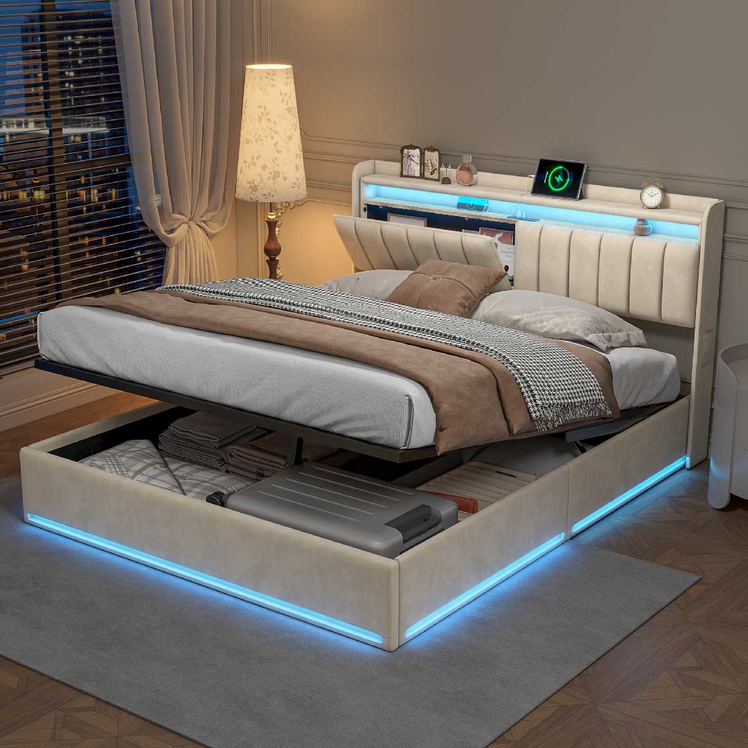 Yelenaro Polsterbett mit LED, Stauraum & USB-Ladestation – Samtbett mit Gaslift & Storage-Kopfteil (Mehrere Größen & Farben)