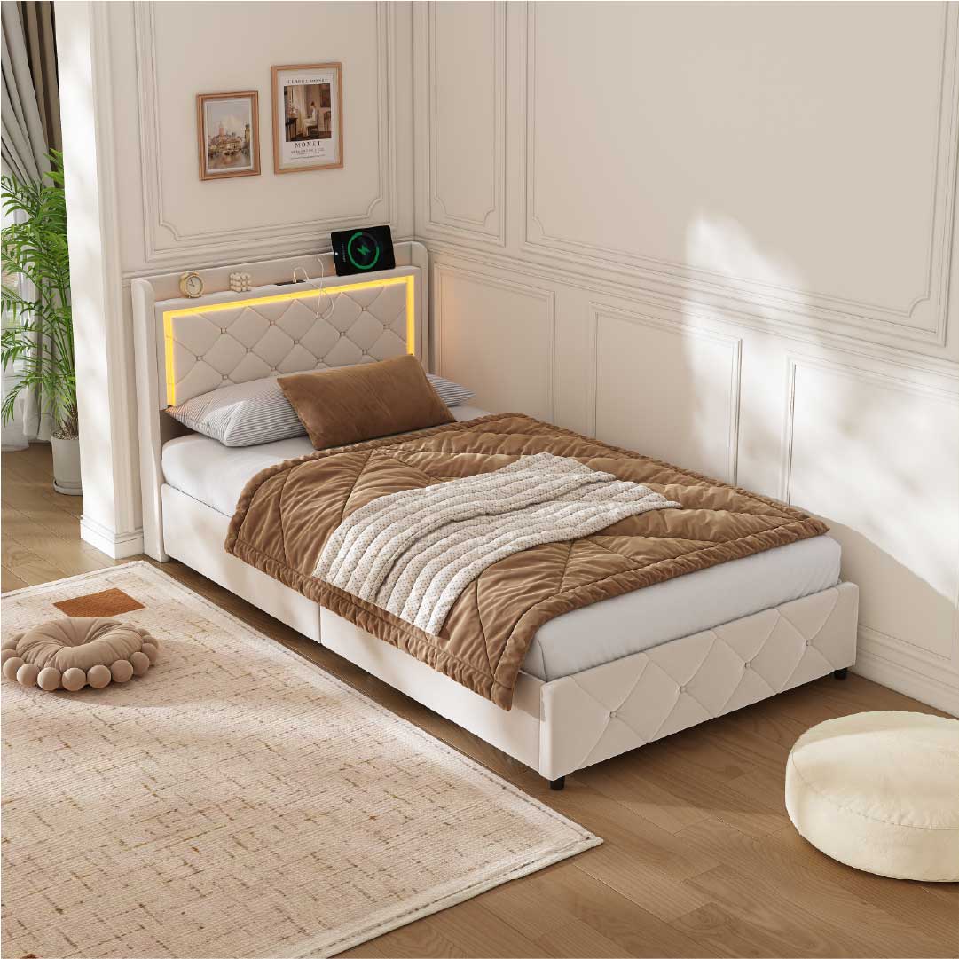 Yelenaro Polsterbett mit LED & Bettkasten – Stauraumbett mit Gasdruckfeder & USB