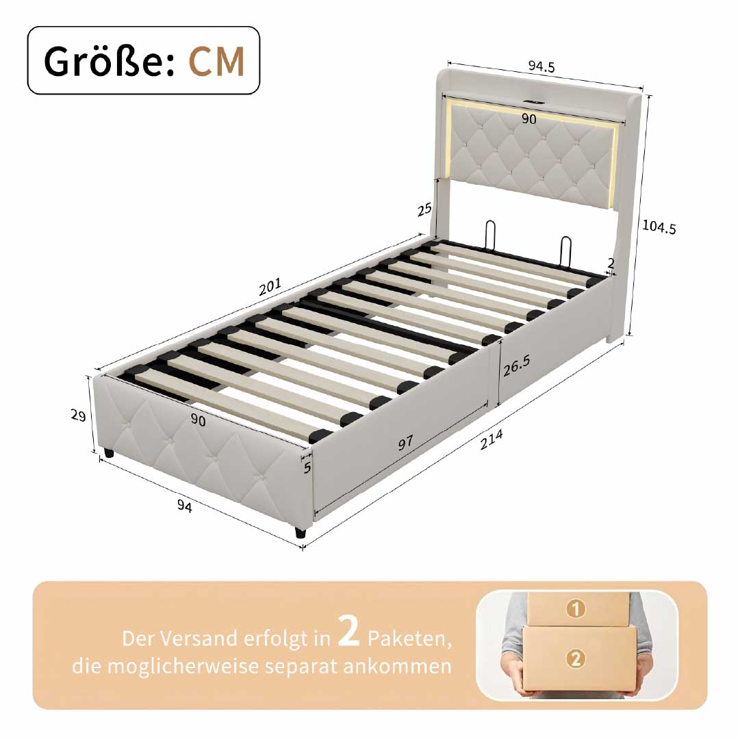 Yelenaro Polsterbett mit LED & Bettkasten – Stauraumbett mit Gasdruckfeder & USB