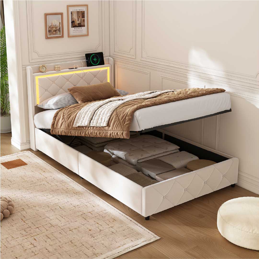 Yelenaro Polsterbett mit LED & Bettkasten – Stauraumbett mit Gasdruckfeder & USB