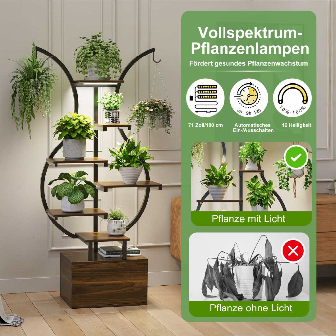 Yelenaro 6-stufiger Pflanzenständer mit Haken & Stauraum – Metall & Holz