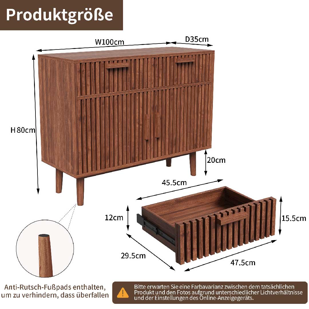 Yelenaro Küchen-Sideboard aus Holz mit Maßangaben – 100 cm breit, 80 cm hoch, 35 cm tief, stabiler Stauraumschrank mit Schubladen und Türen