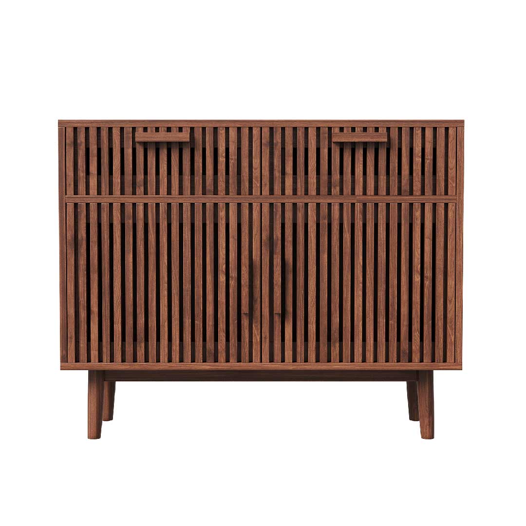Yelenaro Küchen-Sideboard aus Holz in Braun, skandinavisches Design mit geriffelter Front, Schubladen und Türen, moderner Stauraumschrank