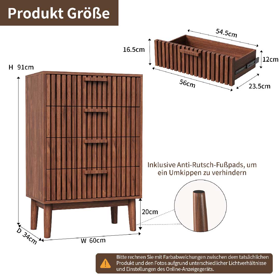 Produktgröße der Yelenaro Kommode – Sideboard mit 4 Schubladen, Maße und Schubladentiefe im Überblick