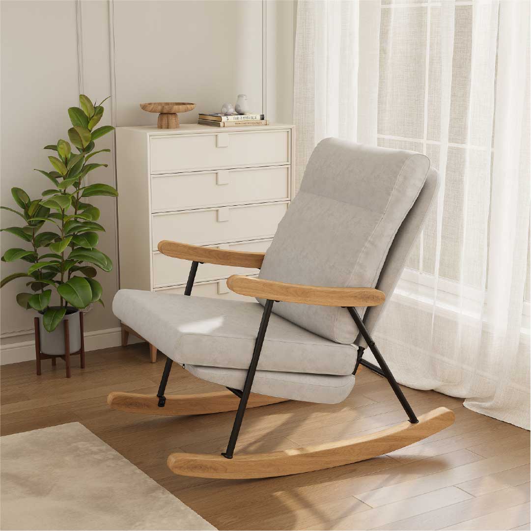 Yelenaro Schaukelstuhl mit Holzarmlehnen & Metallgestell – Skandinavischer Relaxsessel