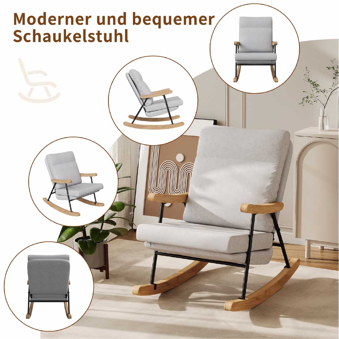 Yelenaro Schaukelstuhl mit Holzarmlehnen & Metallgestell – Skandinavischer Relaxsessel