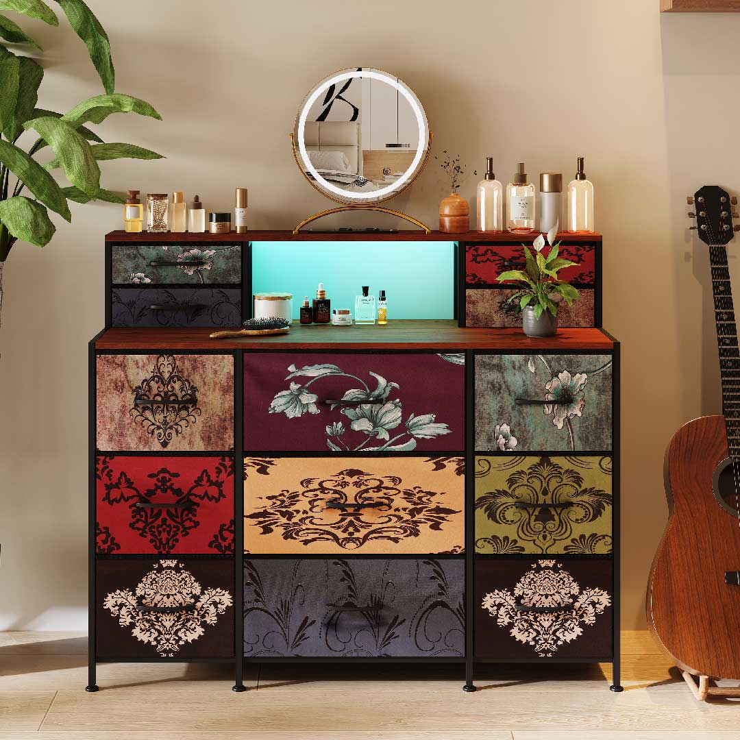 Yelenaro Vintage Kommode mit Stoffschubladen & LED – Metallrahmen, Holzplatte