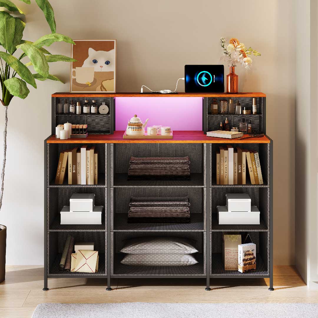 Yelenaro Vintage Kommode mit Stoffschubladen & LED – Metallrahmen, Holzplatte