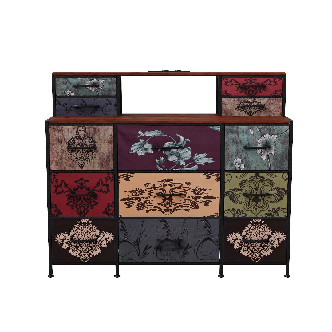 Yelenaro Vintage Kommode mit Stoffschubladen & LED – Metallrahmen, Holzplatte