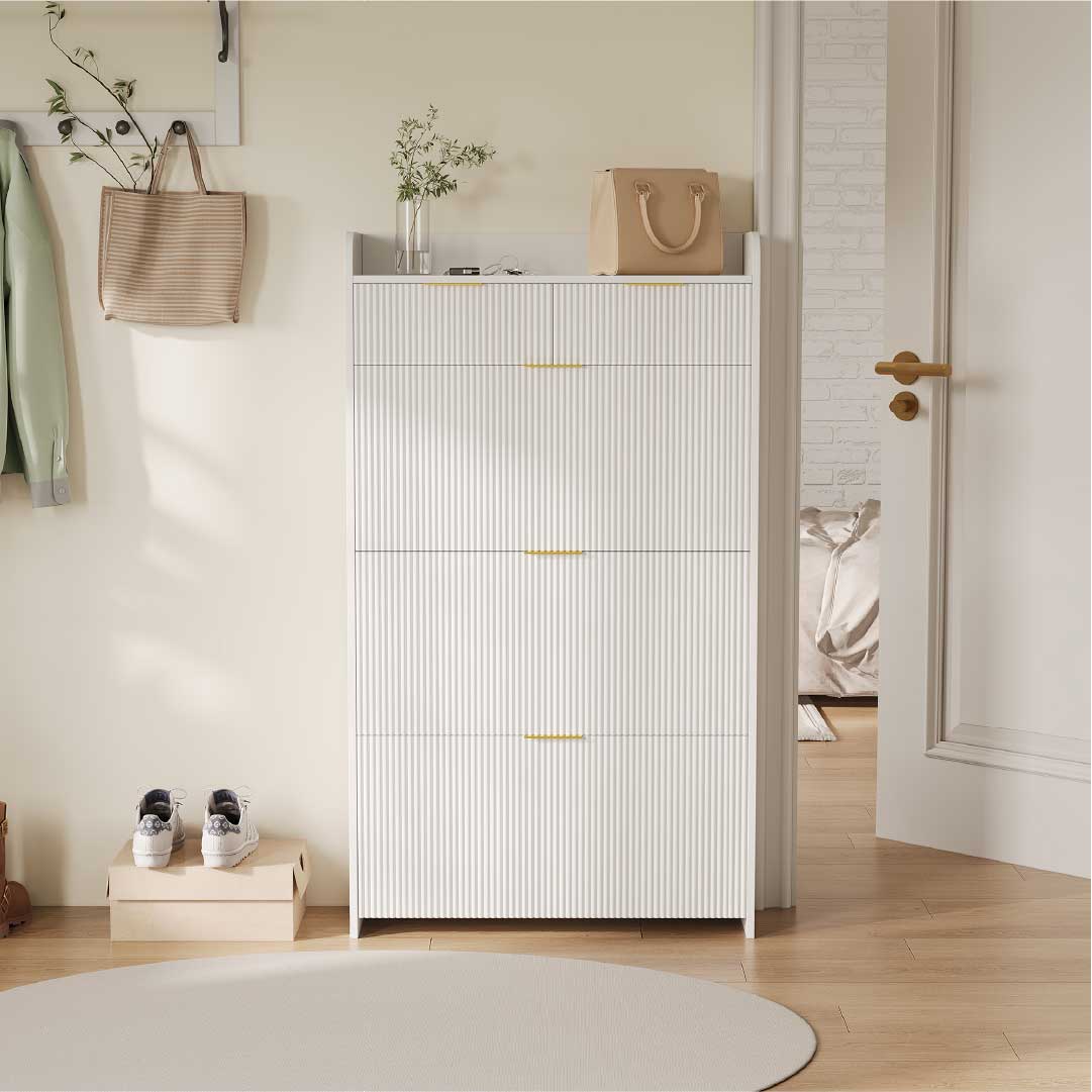 Yelenaro Schuhschrank mit 3 Klappen & 2 Schubladen – 77x24x133 cm