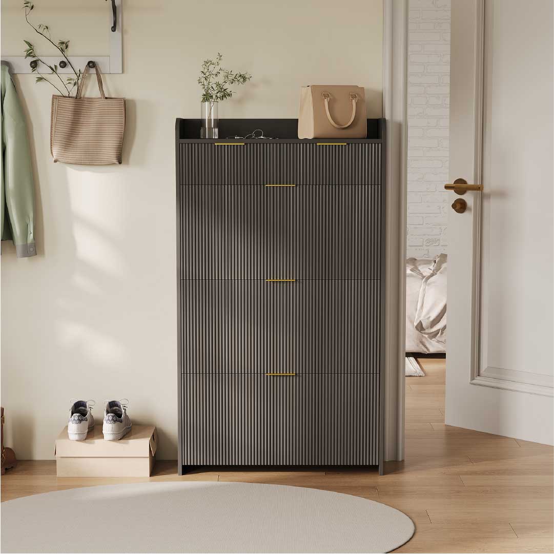 Yelenaro Schuhschrank mit 3 Klappen & 2 Schubladen – 77x24x133 cm