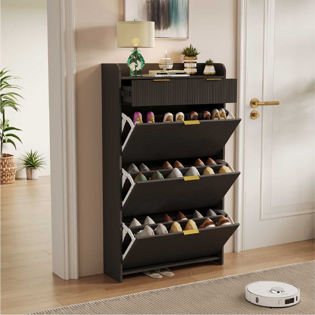 Yelenaro Schuhschrank mit 3 Klappen & 2 Schubladen – 77x24x133 cm