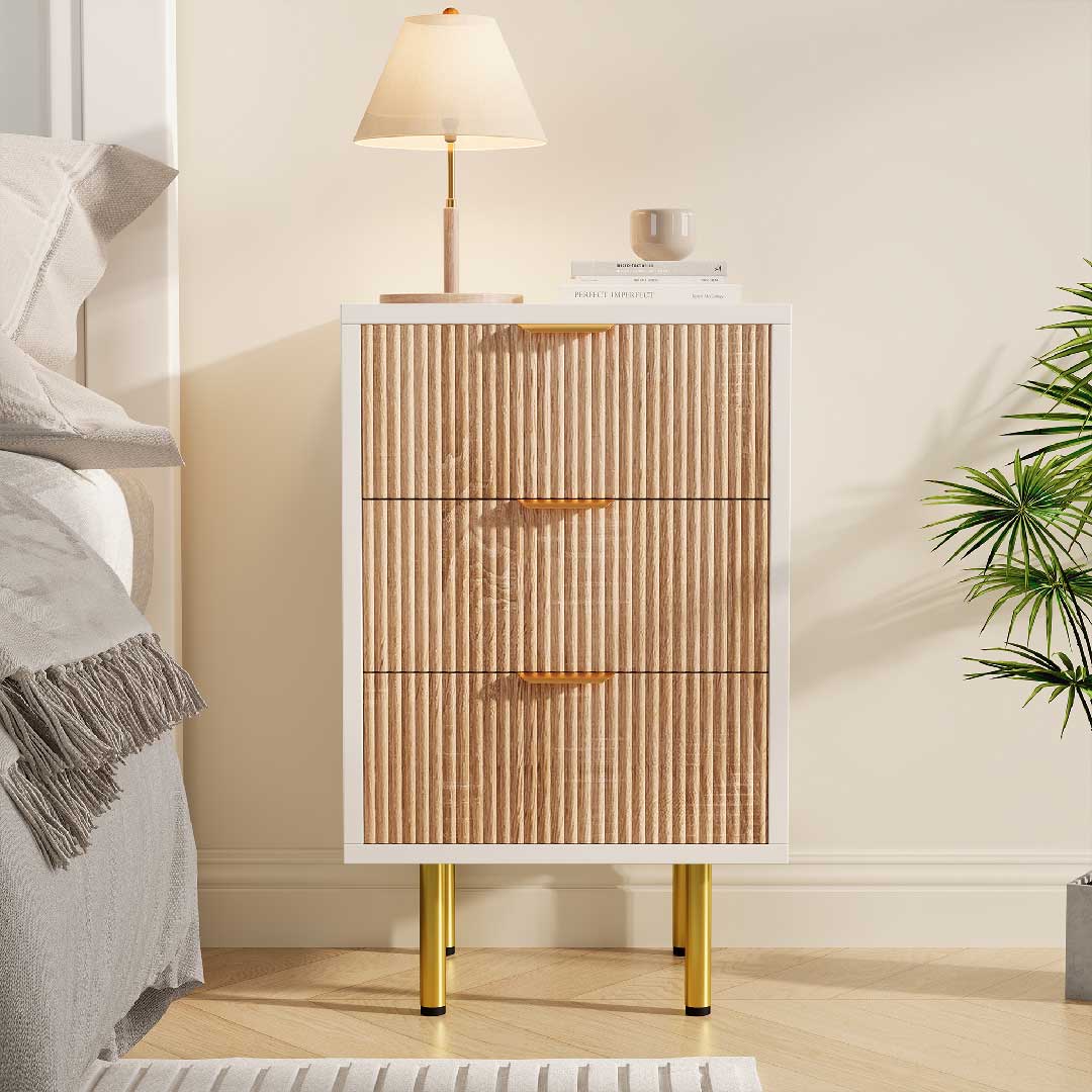 Yelenaro Nachttisch-Set 2er (3 Schubladen) – Modern in Weiß & Holzoptik