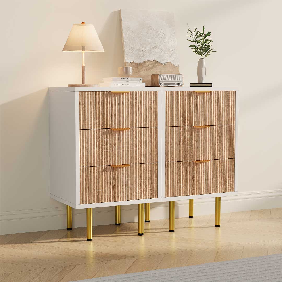 Yelenaro Nachttisch-Set 2er (3 Schubladen) – Modern in Weiß & Holzoptik