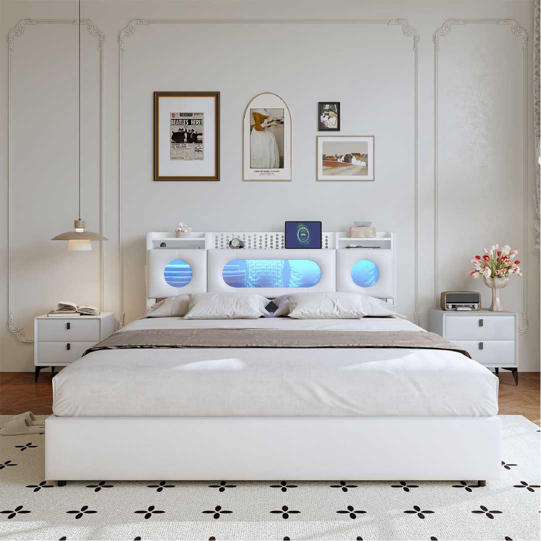 Weißes LED Polsterbett mit RGB-Beleuchtung und integriertem Stauraum