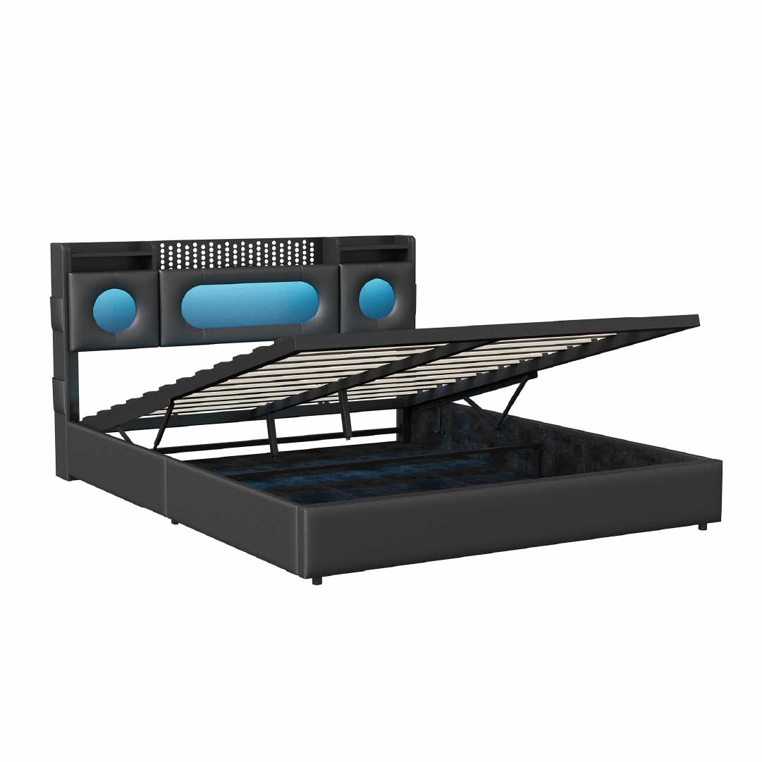 LED Polsterbett mit Gasdruck-Funktion und verstecktem Bettkasten