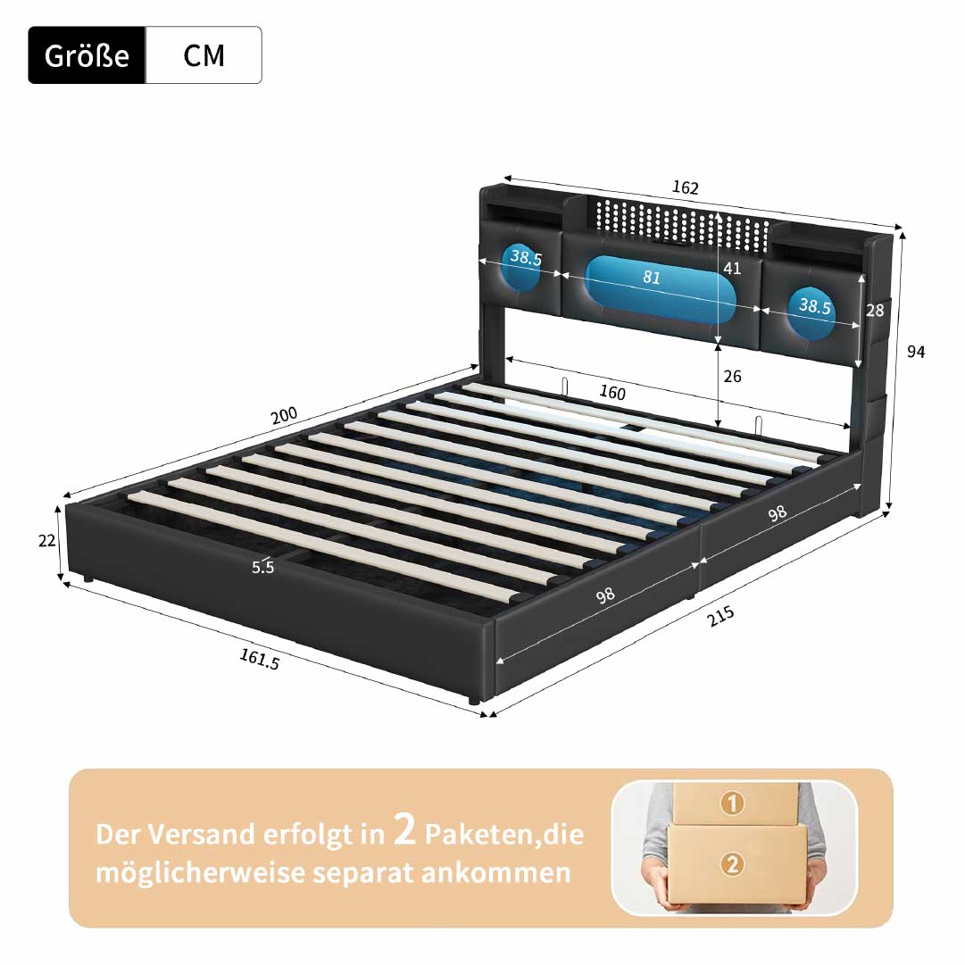LED Polsterbett 160x200 cm mit Stauraum – Maße und Aufbau