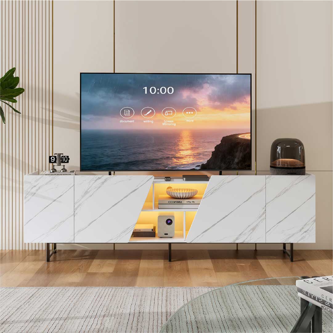 YELENARO TV Lowboard 220 cm mit LED – Weiß Marmoroptik