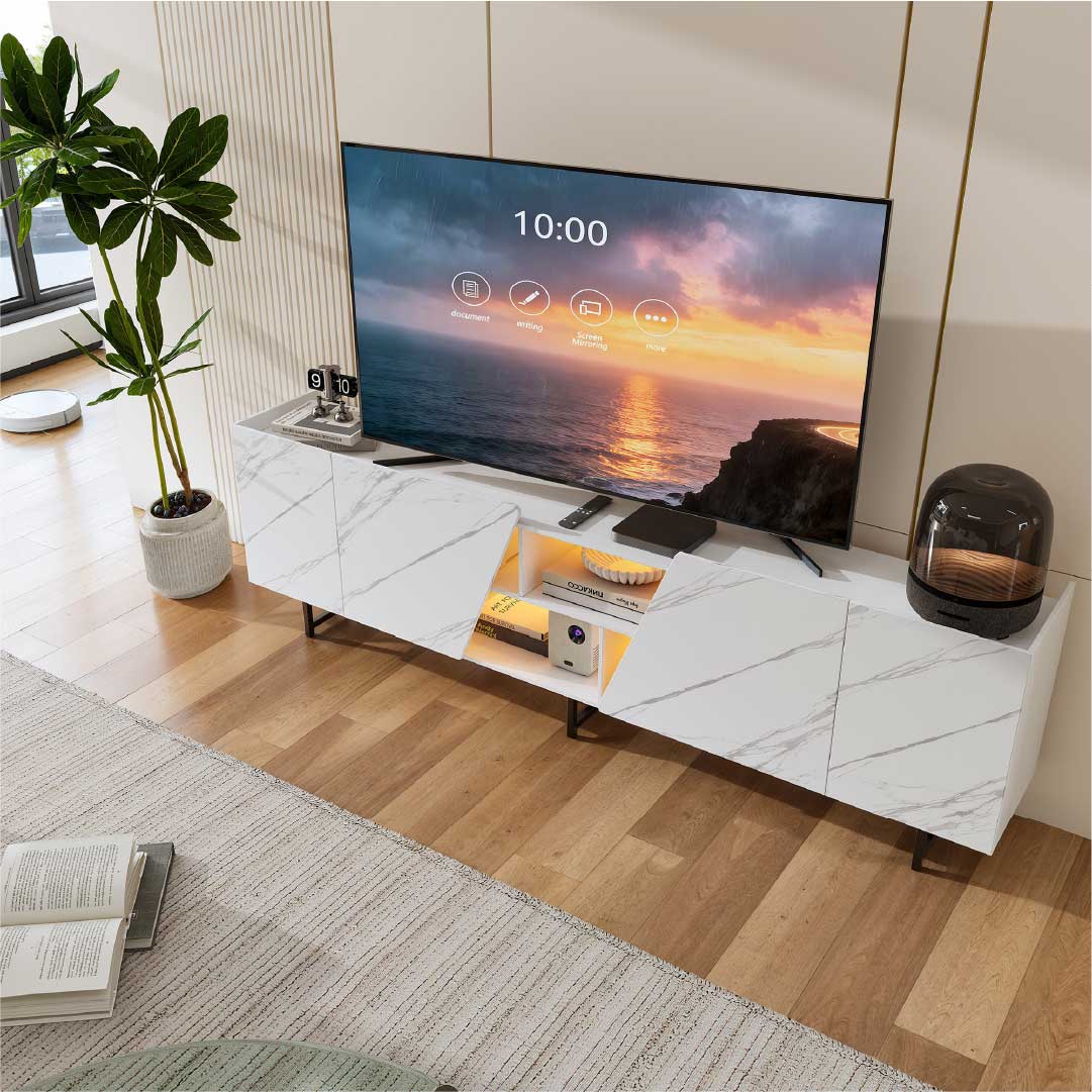 YELENARO TV Lowboard 220 cm mit LED – Weiß Marmoroptik