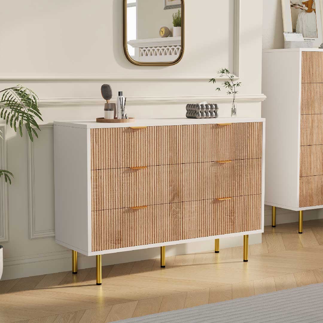 Moderne Yelenaro Kommode mit 6 Schubladen in Weiß und Holzoptik als Sideboard im Wohn- oder Esszimmer