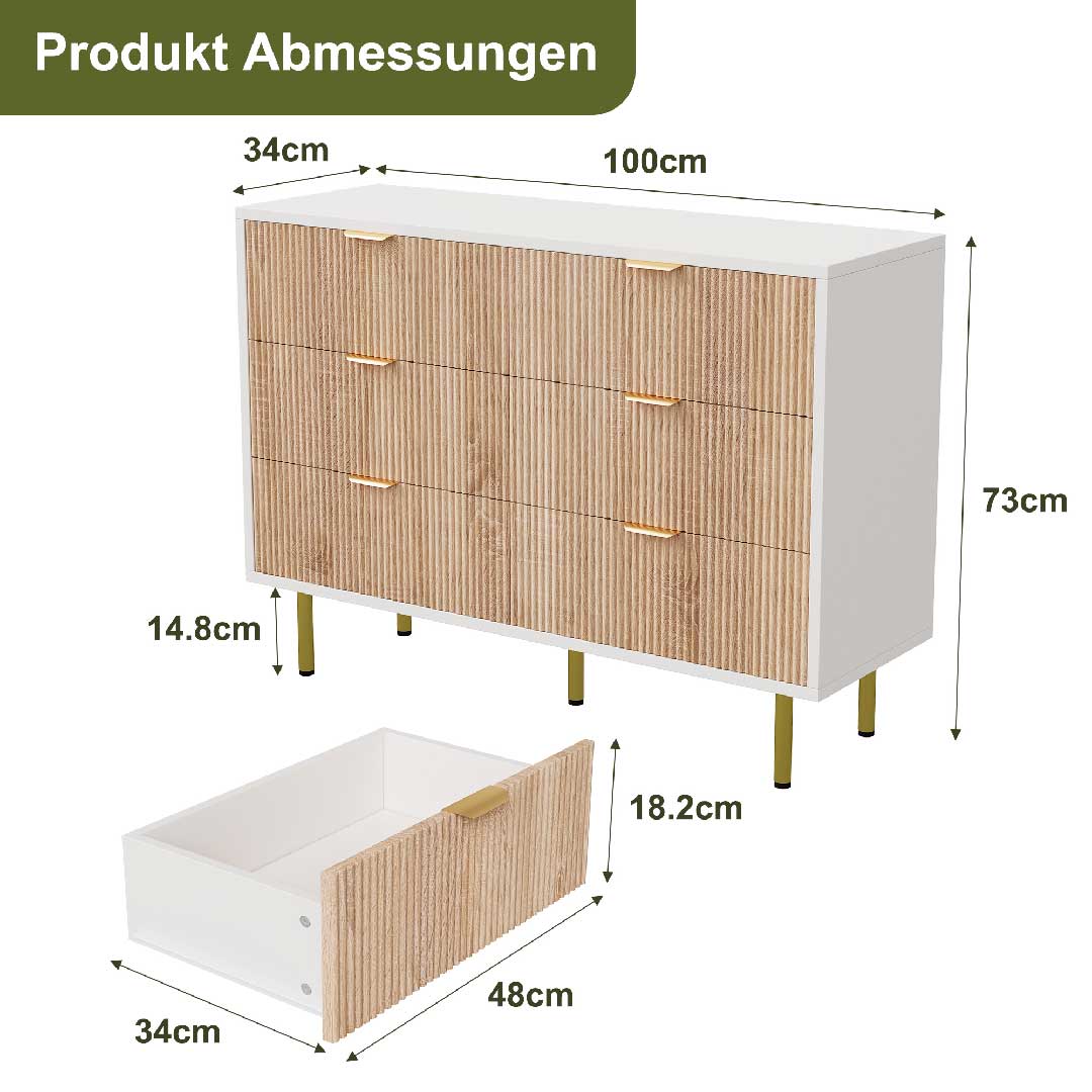 Yelenaro Sideboard mit 6 Schubladen – Maße und Stauraumaufteilung der Kommode in Weiß und Holzoptik